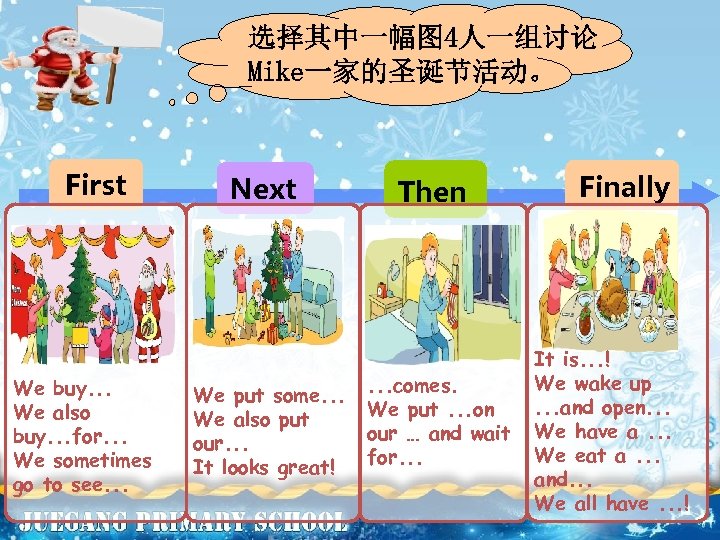 选择其中一幅图 4人一组讨论 Let's revise Mike一家的圣诞节活动。 First We buy. . . We also buy. .