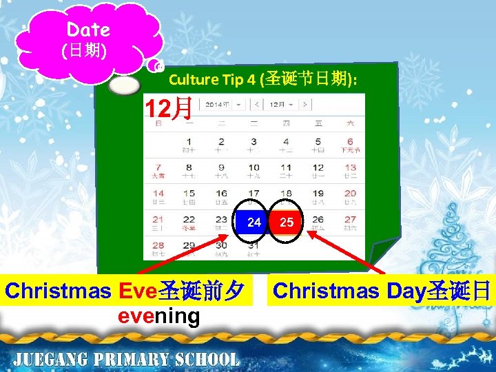 Date (日期) Culture Tip 4 (圣诞节日期): 12月 24 Christmas Eve圣诞前夕 evening 25 Christmas Day圣诞日