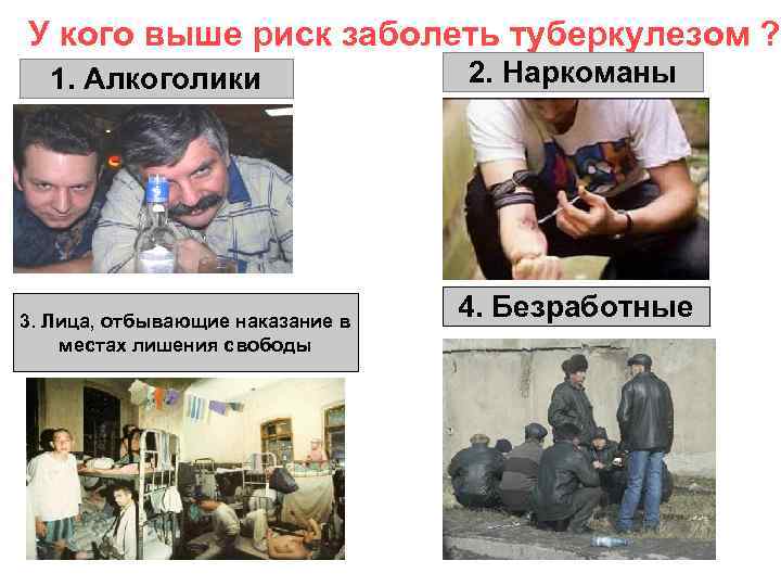 У кого выше риск заболеть туберкулезом ? 1. Алкоголики 3. Лица, отбывающие наказание в