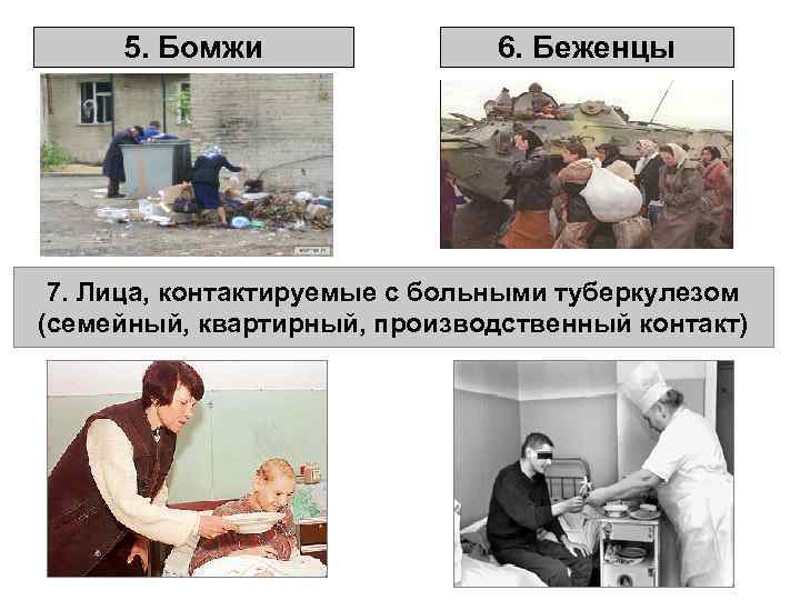 5. Бомжи 6. Беженцы 7. Лица, контактируемые с больными туберкулезом (семейный, квартирный, производственный контакт)