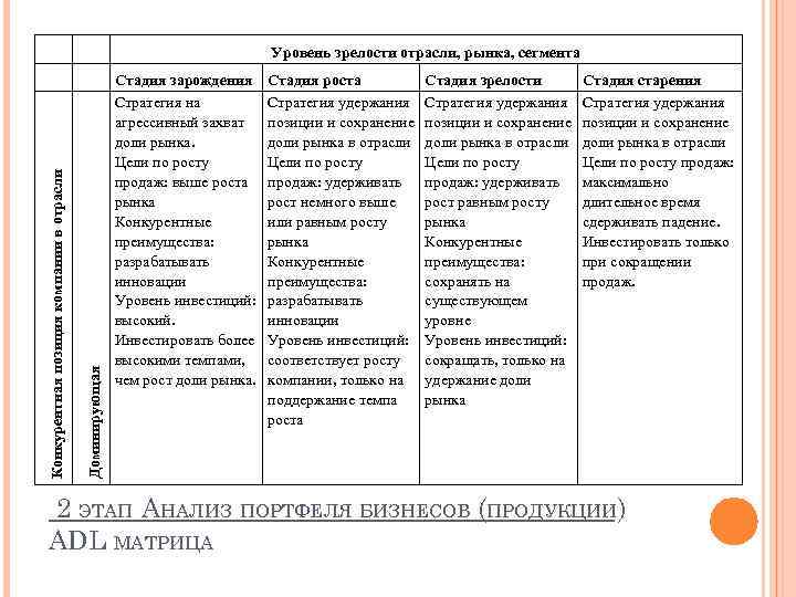 Доминирующая Конкурентная позиция компании в отрасли Уровень зрелости отрасли, рынка, сегмента Стадия зарождения Стратегия