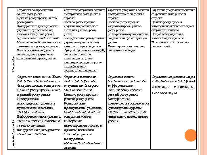 Сильная Благоприятная Стратегия на агрессивный захват доли рынка. Цели по росту продаж: выше роста