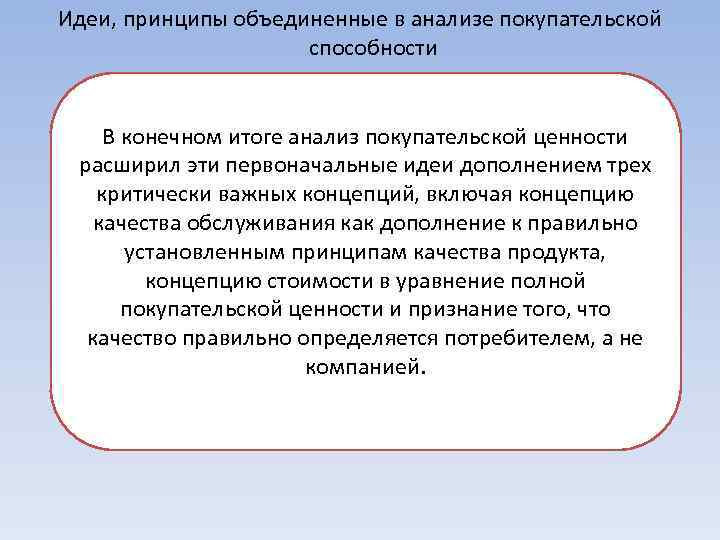 Идеи, принципы объединенные в анализе покупательской способности В конечном итоге анализ покупательской ценности расширил