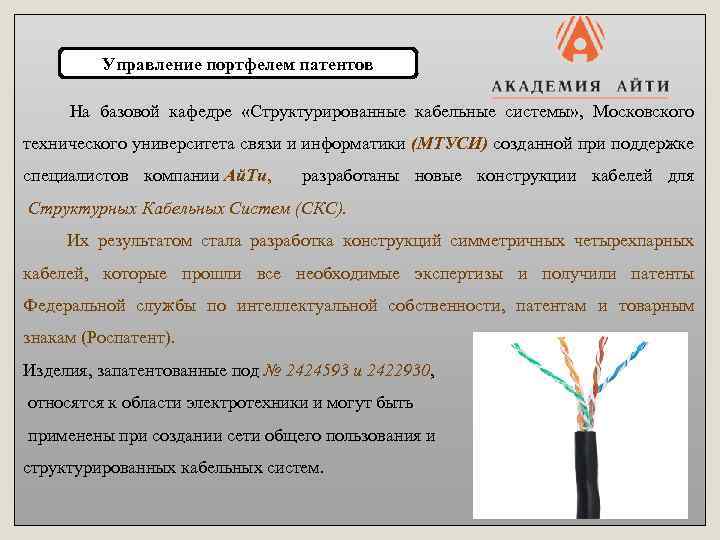  Управление портфелем патентов На базовой кафедре «Структурированные кабельные системы» , Московского технического университета