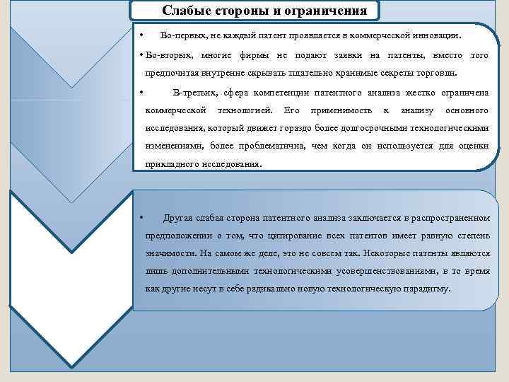 Слабые стороны и ограничения • Во-первых, не каждый патент проявляется в коммерческой инновации. •