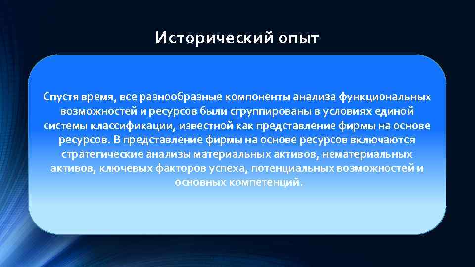 Исторический опыт Спустя время, все разнообразные компоненты1891 Рикардо, анализа функциональных возможностей и ресурсов были