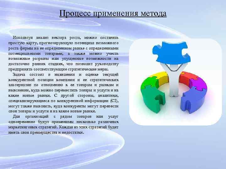 Процесс применения метода Используя анализ вектора роста, можно составить простую карту, прогнозирующую потенциал возможного