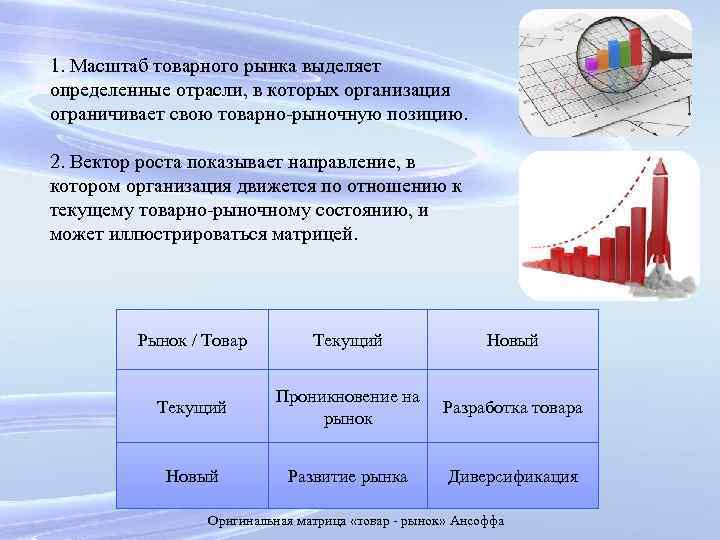 1. Масштаб товарного рынка выделяет определенные отрасли, в которых организация ограничивает свою товарно-рыночную позицию.