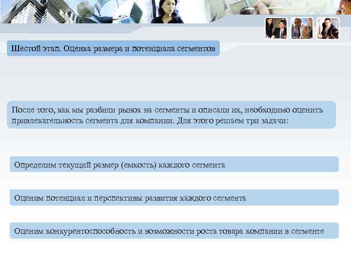 Шестой этап. Оценка размера и потенциала сегментов После того, как мы разбили рынок на