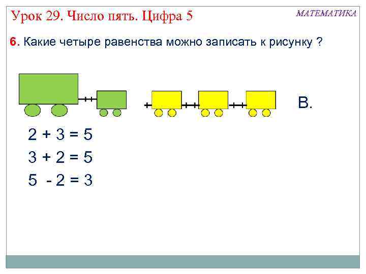 Урок 29. Число пять. Цифра 5 МАТЕМАТИКА 6. Какие четыре равенства можно записать к