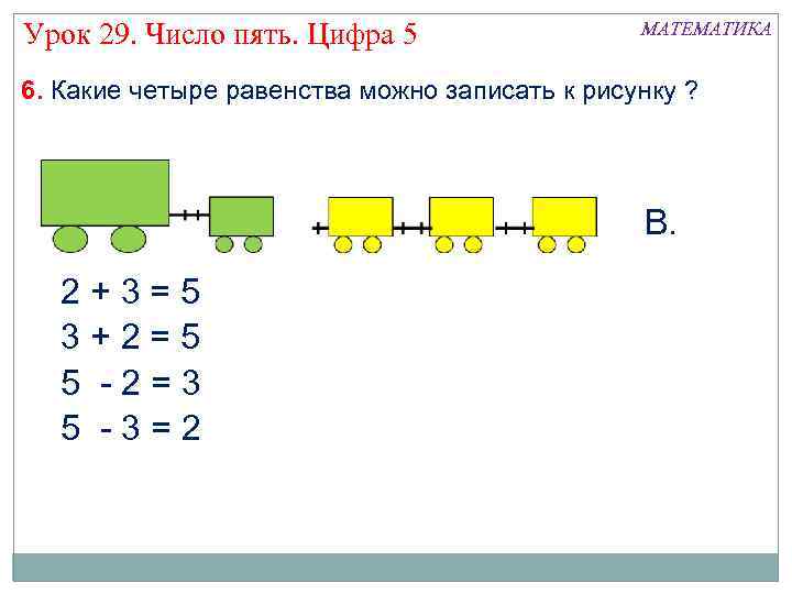 Урок 29. Число пять. Цифра 5 МАТЕМАТИКА 6. Какие четыре равенства можно записать к