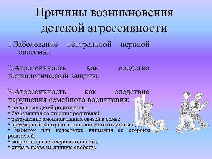 Причины возникновения детской агрессивности 1. Заболевание системы. центральной 2. Агрессивность как психологической защиты. нервной