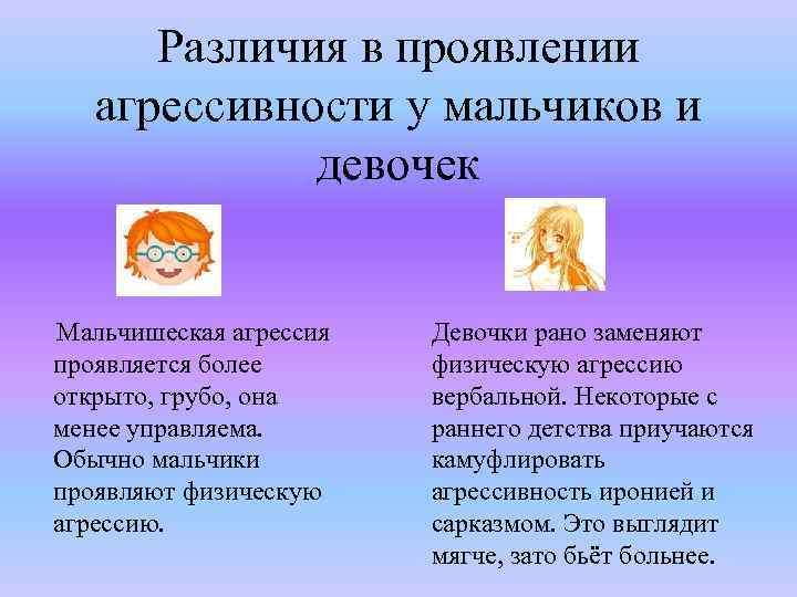 Различия в проявлении агрессивности у мальчиков и девочек Мальчишеская агрессия проявляется более открыто, грубо,