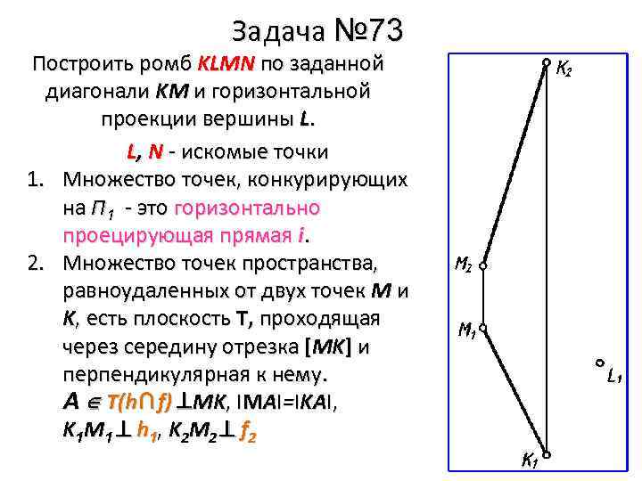 Задача № 73 Построить ромб KLMN по заданной диагонали KM и горизонтальной проекции вершины