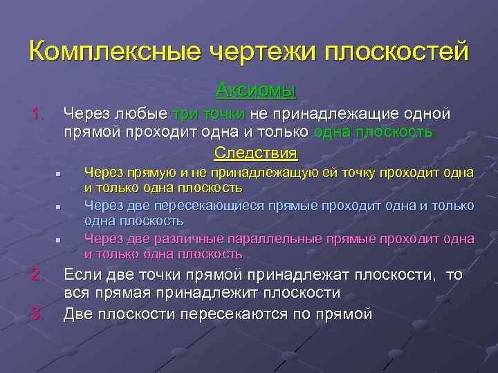 Комплексные чертежи плоскостей Аксиомы 1. Через любые три точки не принадлежащие одной прямой проходит