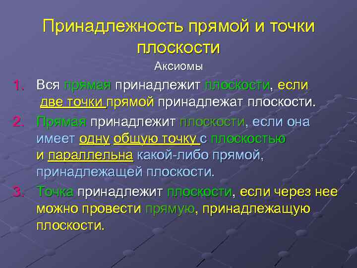 Принадлежность прямой и точки плоскости Аксиомы 1. Вся прямая принадлежит плоскости, если две точки