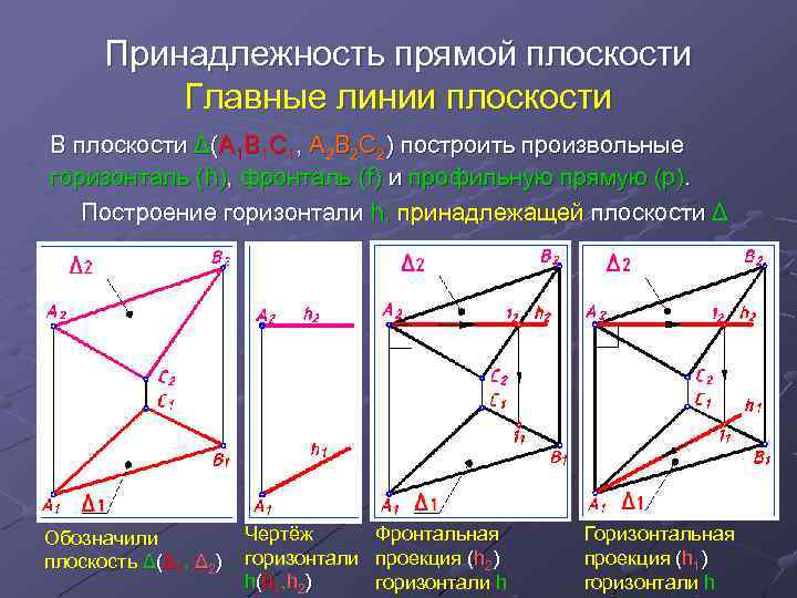 Принадлежность прямой плоскости Главные линии плоскости В плоскости Δ(А 1 В 1 С 1,