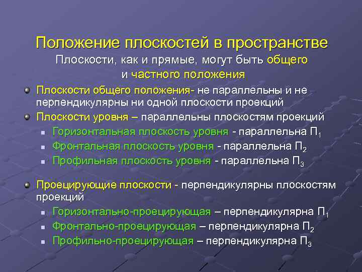 Положение плоскостей в пространстве Плоскости, как и прямые, могут быть общего и частного положения