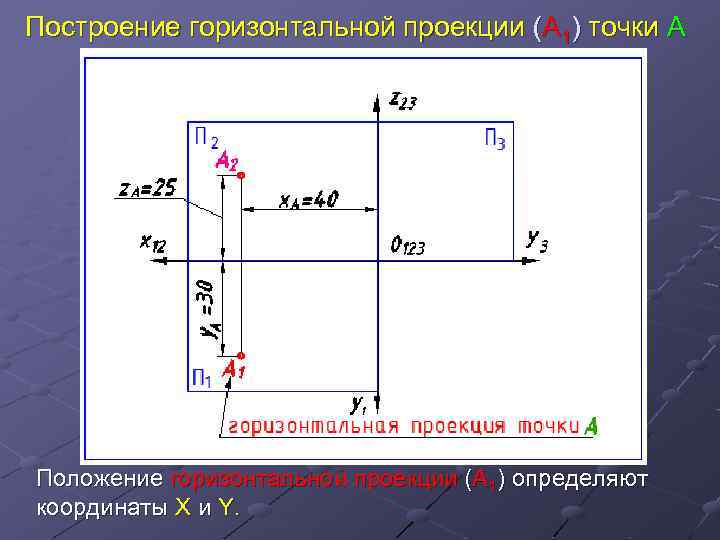 Построение горизонтальной проекции (А 1) точки А Положение горизонтальной проекции (А 1) определяют координаты