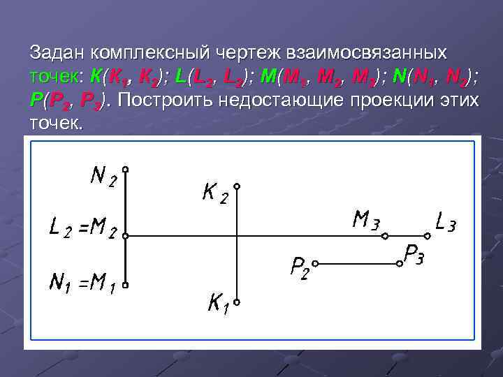 Задан комплексный чертеж взаимосвязанных точек: К(К 1, К 2); L(L 2, L 2); M(M