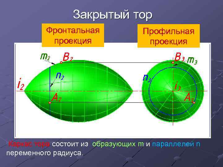 Закрытый тор Фронтальная проекция Профильная проекция Каркас тора состоит из образующих m и параллелей