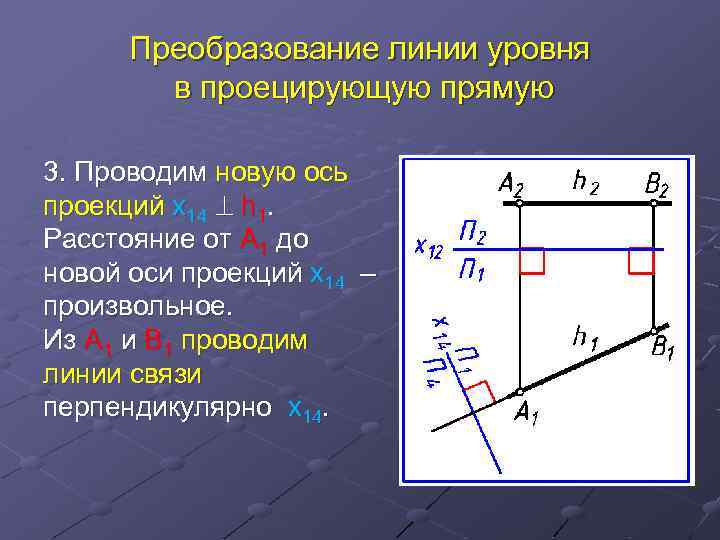 Преобразование линии уровня в проецирующую прямую 3. Проводим новую ось проекций х14 h 1.