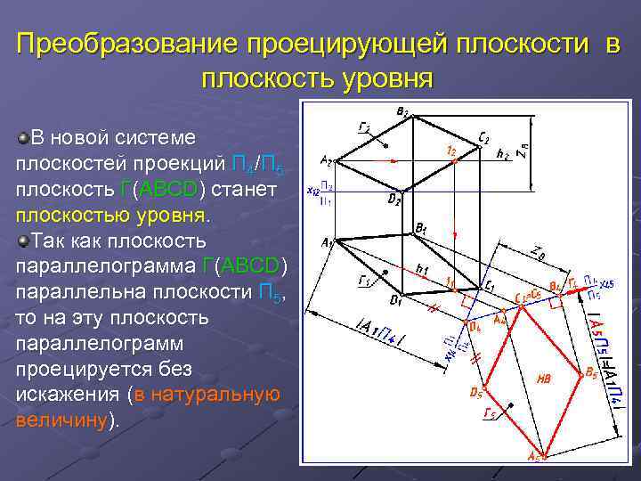 Преобразование проецирующей плоскости в плоскость уровня В новой системе плоскостей проекций П 4/П 5