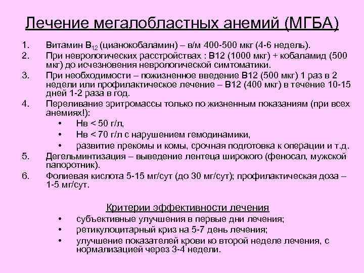 Лечение мегалобластных анемий (МГБА) 1. 2. 3. 4. 5. 6. Витамин В 12 (цианокобаламин)