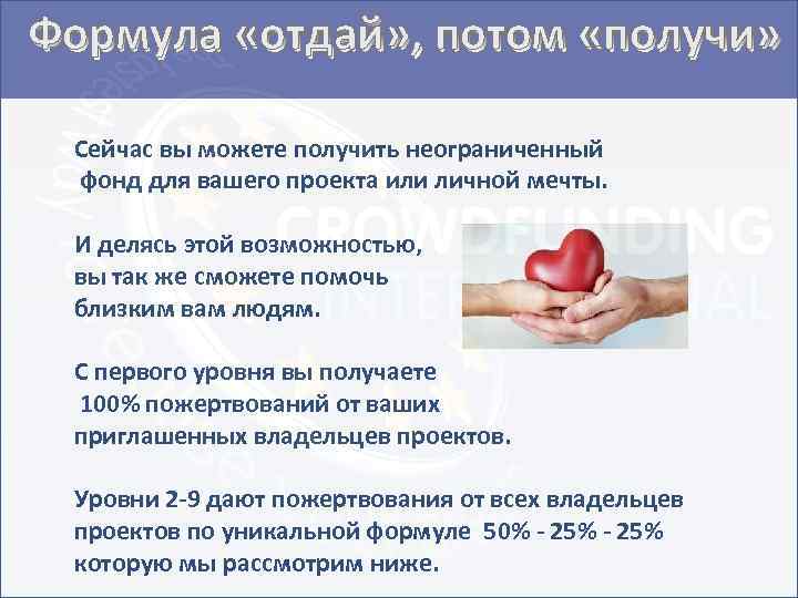 Формула «отдай» , потом «получи» Сейчас вы можете получить неограниченный фонд для вашего проекта