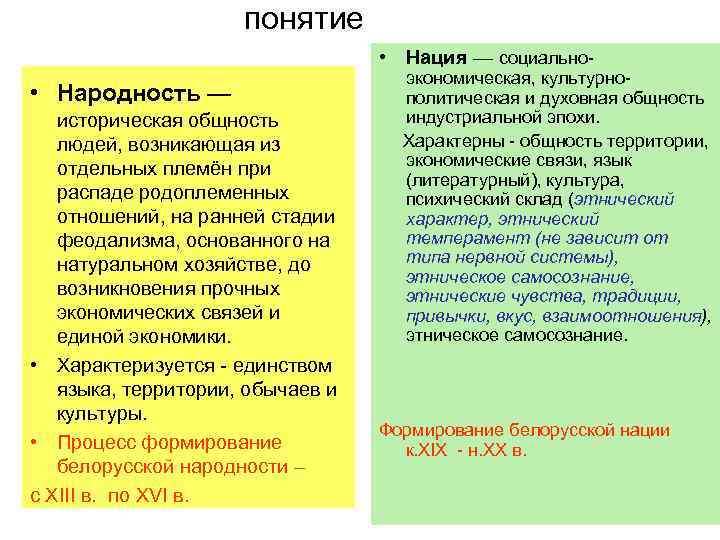 понятие • Нация — социально- • Народность — историческая общность людей, возникающая из отдельных
