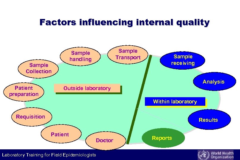 Factors influencing internal quality Sample Transport Sample handling Sample Collection Sample receiving Analysis Patient