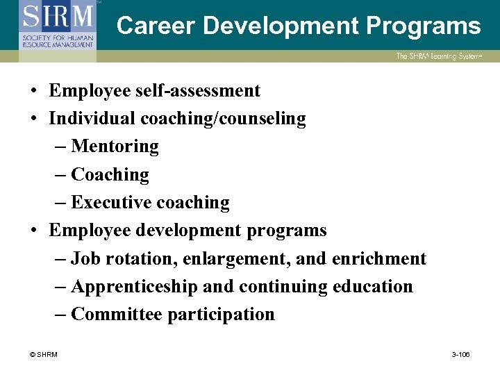 Career Development Programs • Employee self-assessment • Individual coaching/counseling – Mentoring – Coaching –