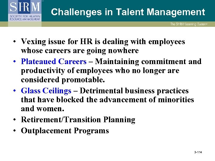 Challenges in Talent Management • Vexing issue for HR is dealing with employees whose