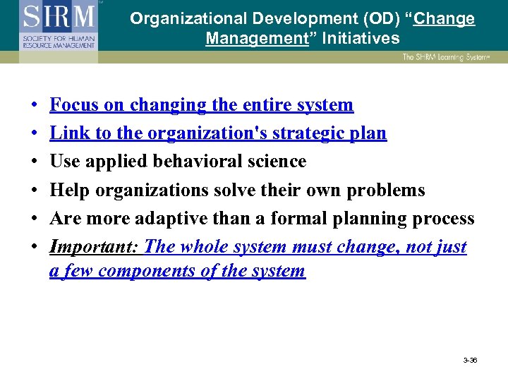 Organizational Development (OD) “Change Management” Initiatives • • • Focus on changing the entire