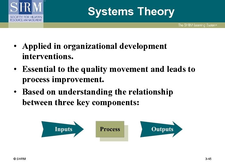 Systems Theory • Applied in organizational development interventions. • Essential to the quality movement