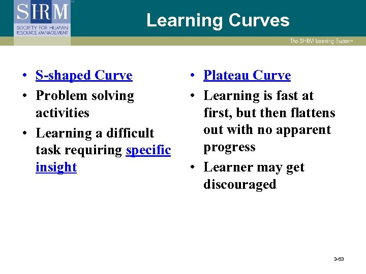 Learning Curves • S-shaped Curve • Problem solving activities • Learning a difficult task