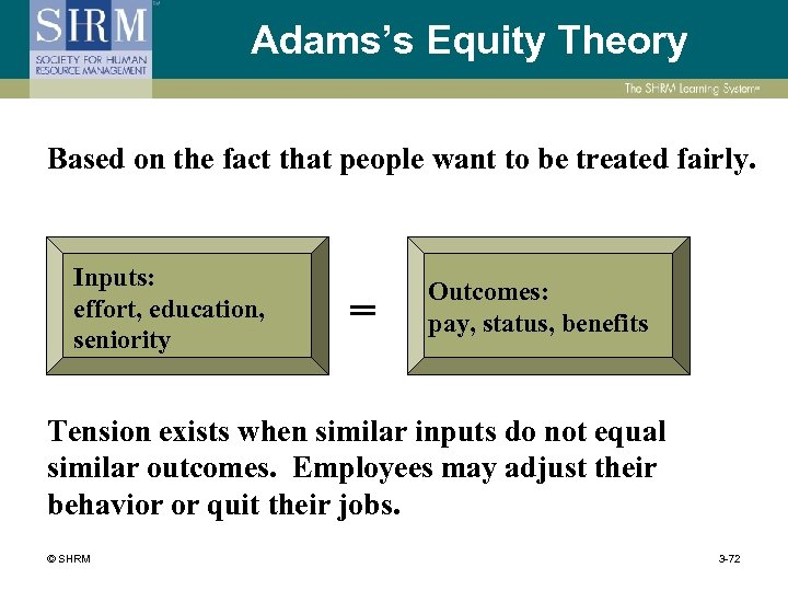 Adams’s Equity Theory Based on the fact that people want to be treated fairly.