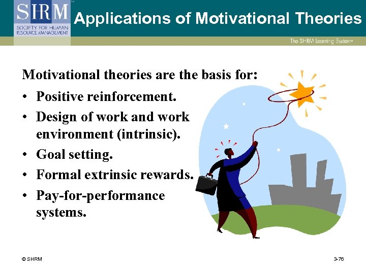 Applications of Motivational Theories Motivational theories are the basis for: • Positive reinforcement. •