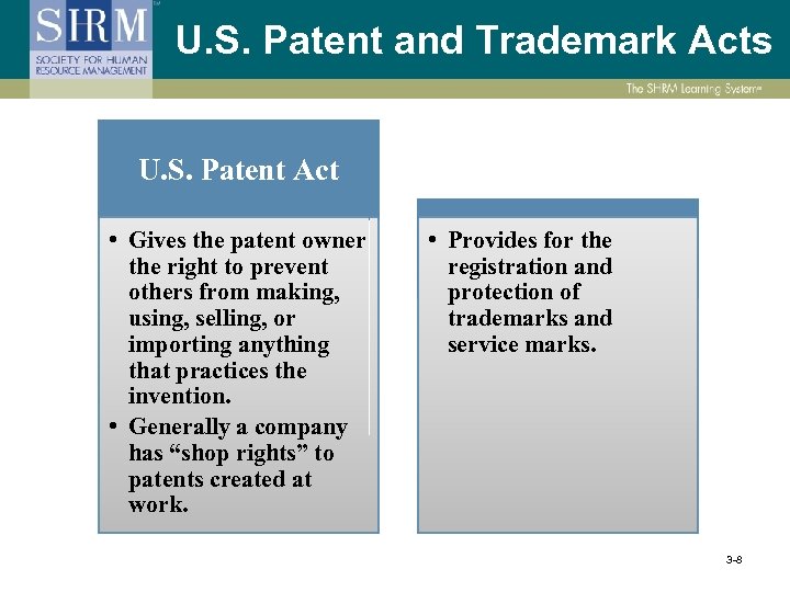 U. S. Patent and Trademark Acts U. S. Patent Act • Gives the patent