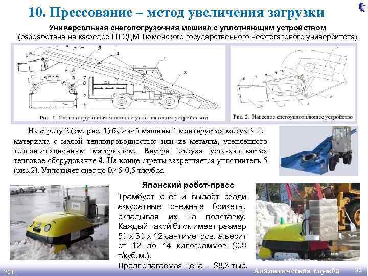 10. Прессование – метод увеличения загрузки Универсальная снегопогрузочная машина с уплотняющим устройством (разработана на