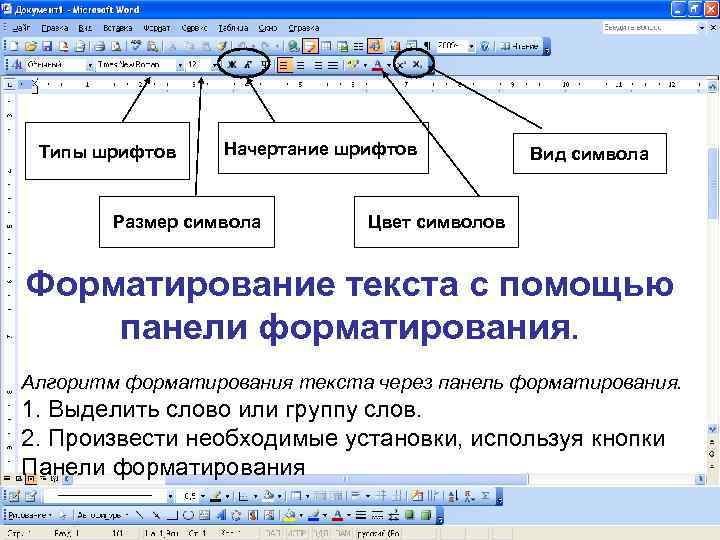 Типы шрифтов Начертание шрифтов Размер символа Вид символа Цвет символов Форматирование текста с помощью