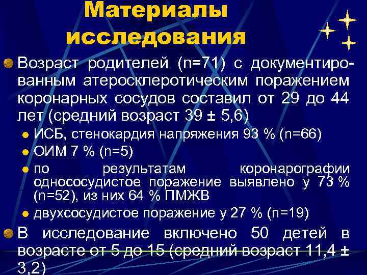 Материалы исследования Возраст родителей (n=71) с документированным атеросклеротическим поражением коронарных сосудов составил от 29