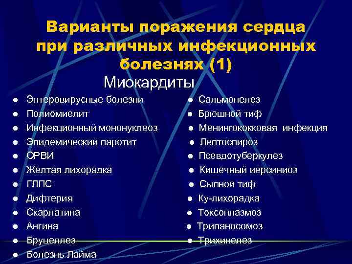 Варианты поражения сердца при различных инфекционных болезнях (1) Миокардиты ● Энтеровирусные болезни ● Сальмонелез