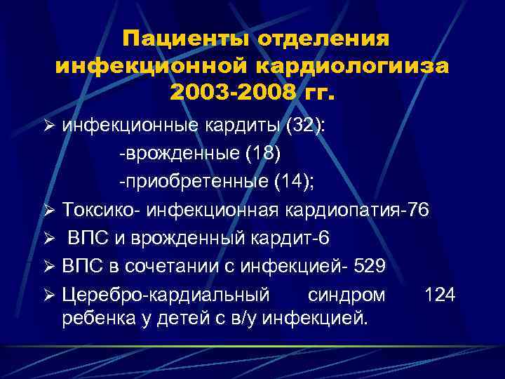 Пациенты отделения инфекционной кардиологииза 2003 -2008 гг. Ø инфекционные кардиты (32): -врожденные (18) -приобретенные