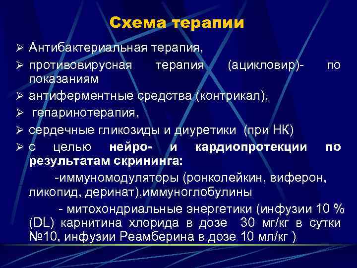 Схема терапии Ø Антибактериальная терапия, Ø противовирусная Ø Ø терапия (ацикловир)- показаниям антиферментные средства