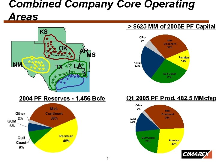 Combined Company Core Operating Areas > $625 MM of 2005 E PF Capital KS
