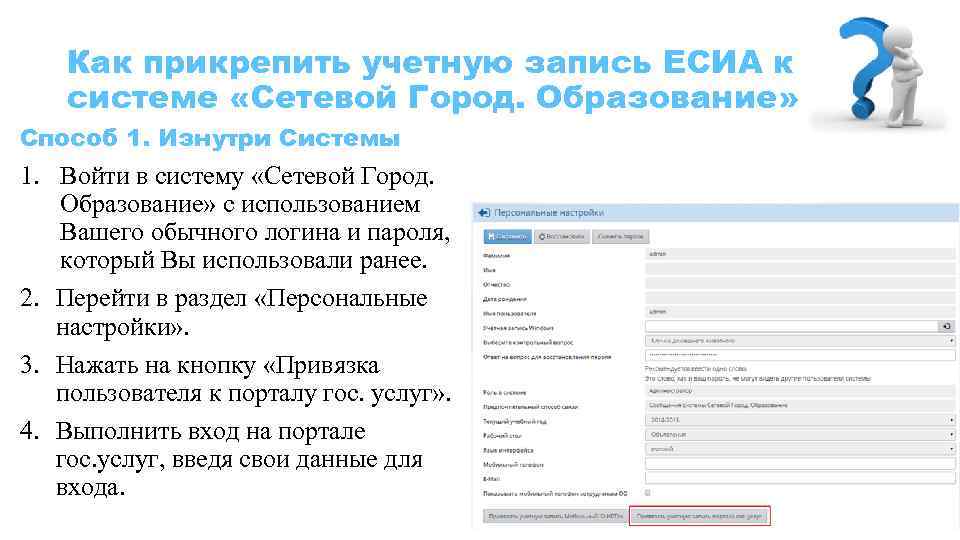 Как прикрепить учетную запись ЕСИА к системе «Сетевой Город. Образование» Способ 1. Изнутри Системы