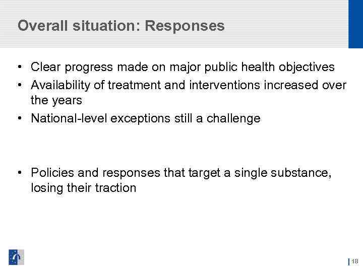 Overall situation: Responses • Clear progress made on major public health objectives • Availability