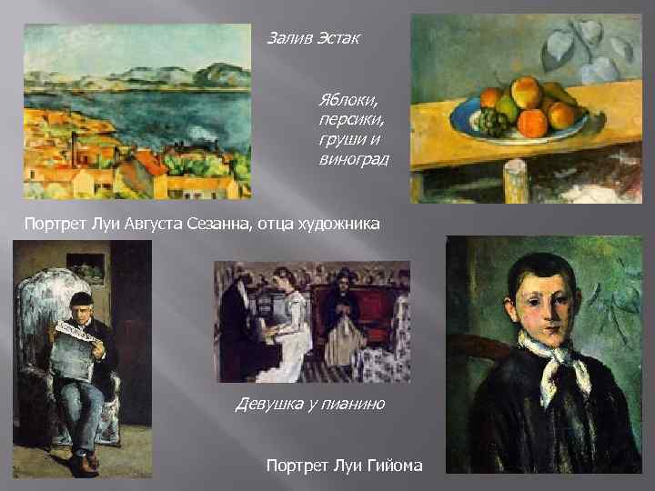 Залив Эстак Яблоки, персики, груши и виноград Портрет Луи Августа Сезанна, отца художника Девушка