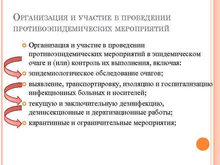 ОРГАНИЗАЦИЯ И УЧАСТИЕ В ПРОВЕДЕНИИ ПРОТИВОЭПИДЕМИЧЕСКИХ МЕРОПРИЯТИЙ Организация и участие в проведении противоэпидемических мероприятий